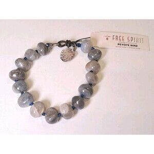 Peyote Multicolor Gray Tones Gemstones 7.75" Bracelet Silver Hammered Charm NWT